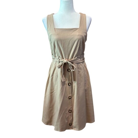 Monteau Beige Sleeveless Button-Down Belted Dress L - Picture 1 of 8